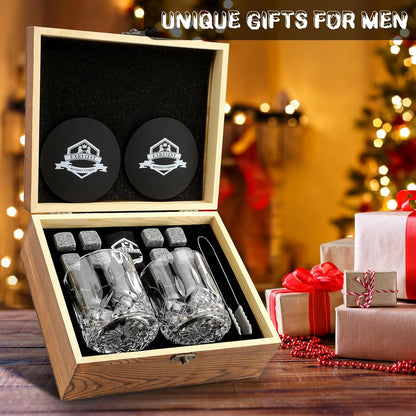 Whiskey Stones Gifts Set - Whiskey Glasses Set of 2 - Granite Chilling Whiskey Rocks - Scotch Bourbon Gifts for Men -Father'S Day Birthday Gifts for Men Dad Him Husband Drinking Gift for Holiday
